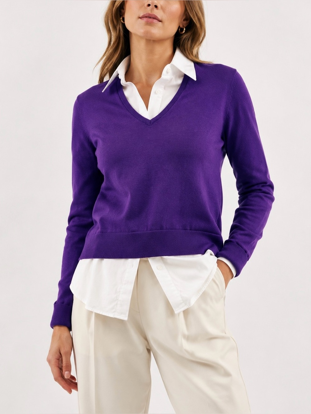 Lauren Ralph Lauren Layered V-Neck Sweater Collared XL Purple Preppy Classic